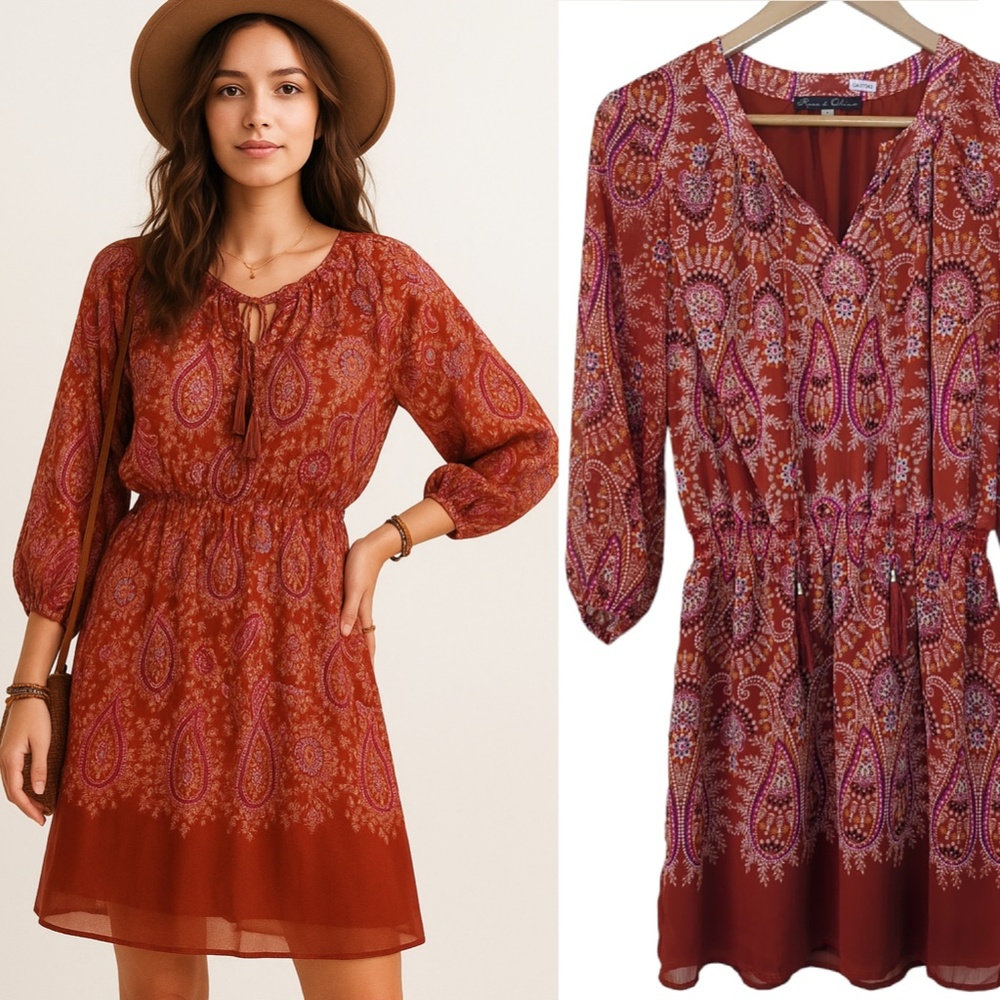 Rust Orange Red Floral Paisley Boho Tassel Short Dress